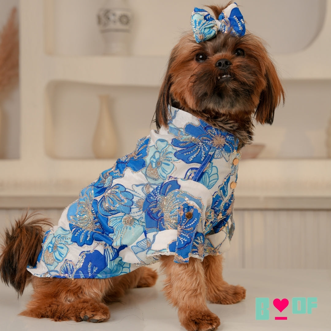 BLUE FLOWER BOUQUET HAND EMBROIDERED DOG KURTA