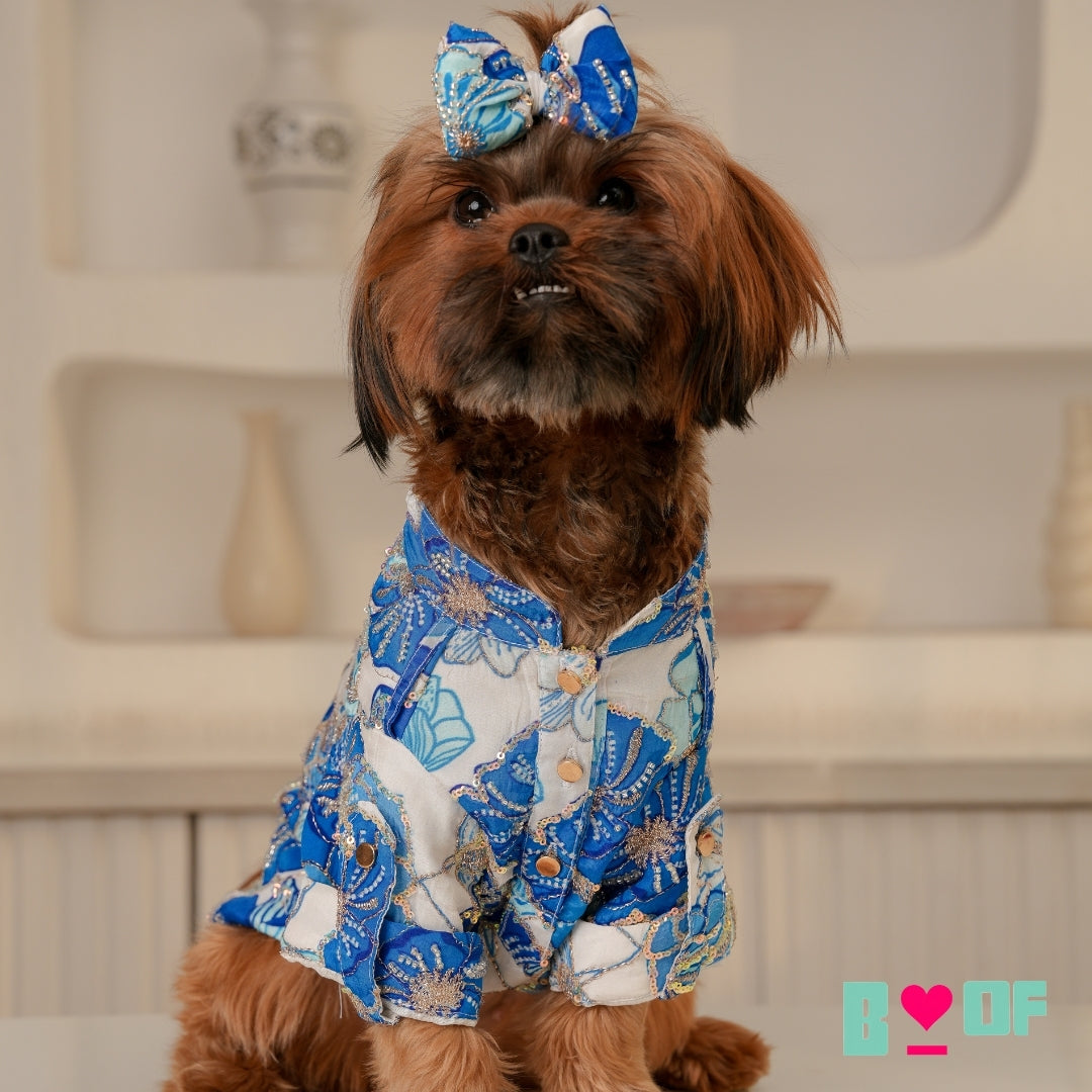 BLUE FLOWER BOUQUET HAND EMBROIDERED DOG KURTA