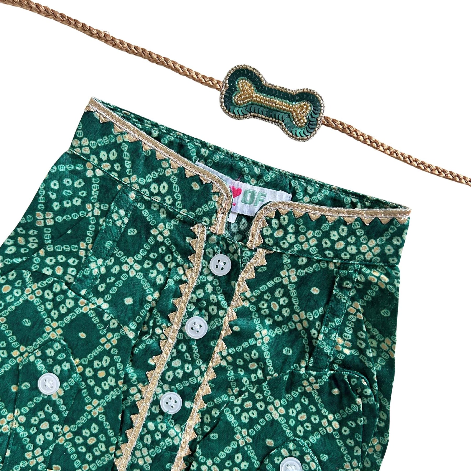 GREEN BANDHANI COTTON KURTA + BONE RAKHI FOR DOGS AND CATS