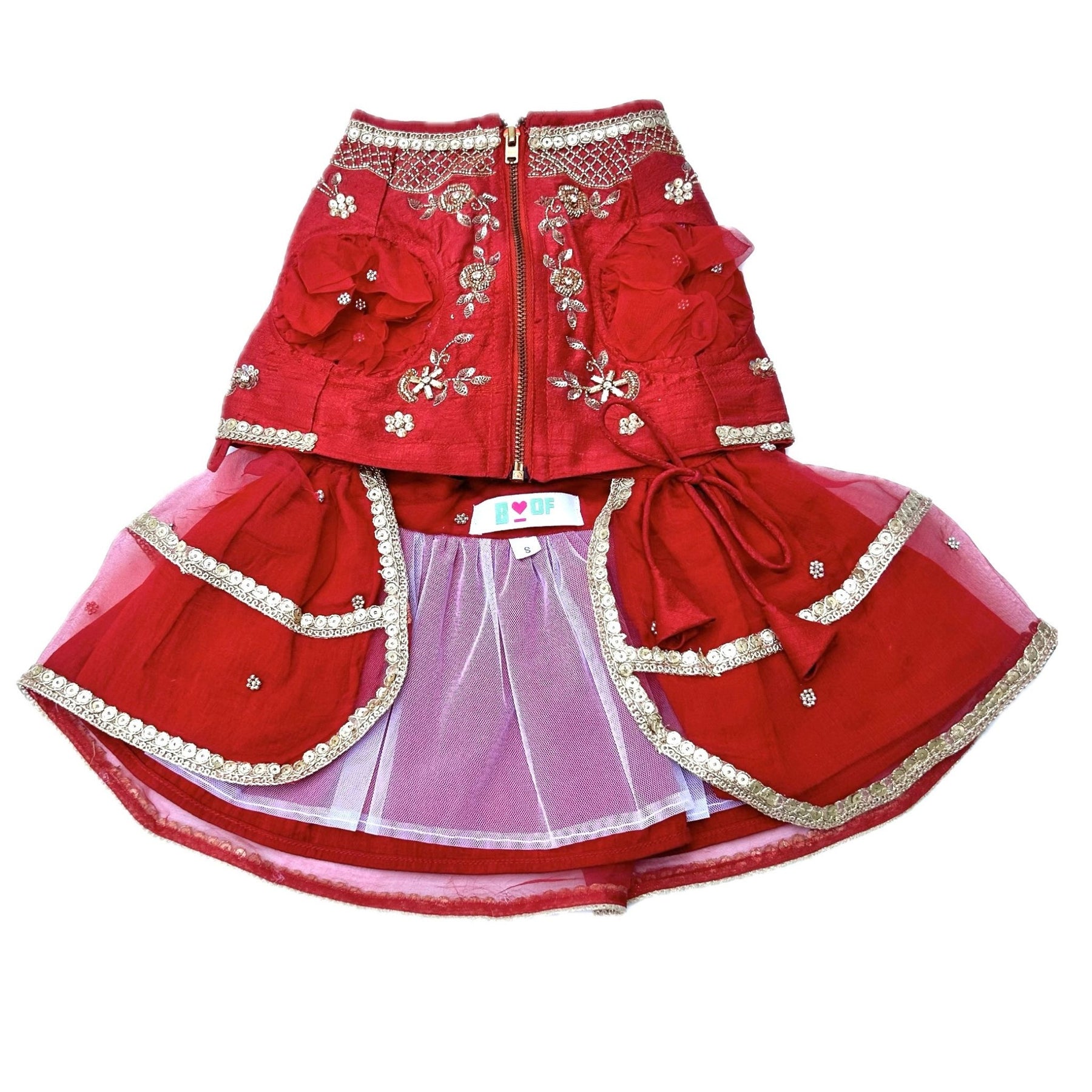 RED HAND EMBROIDERED GOLD FLOWERS DOG LEHENGA
