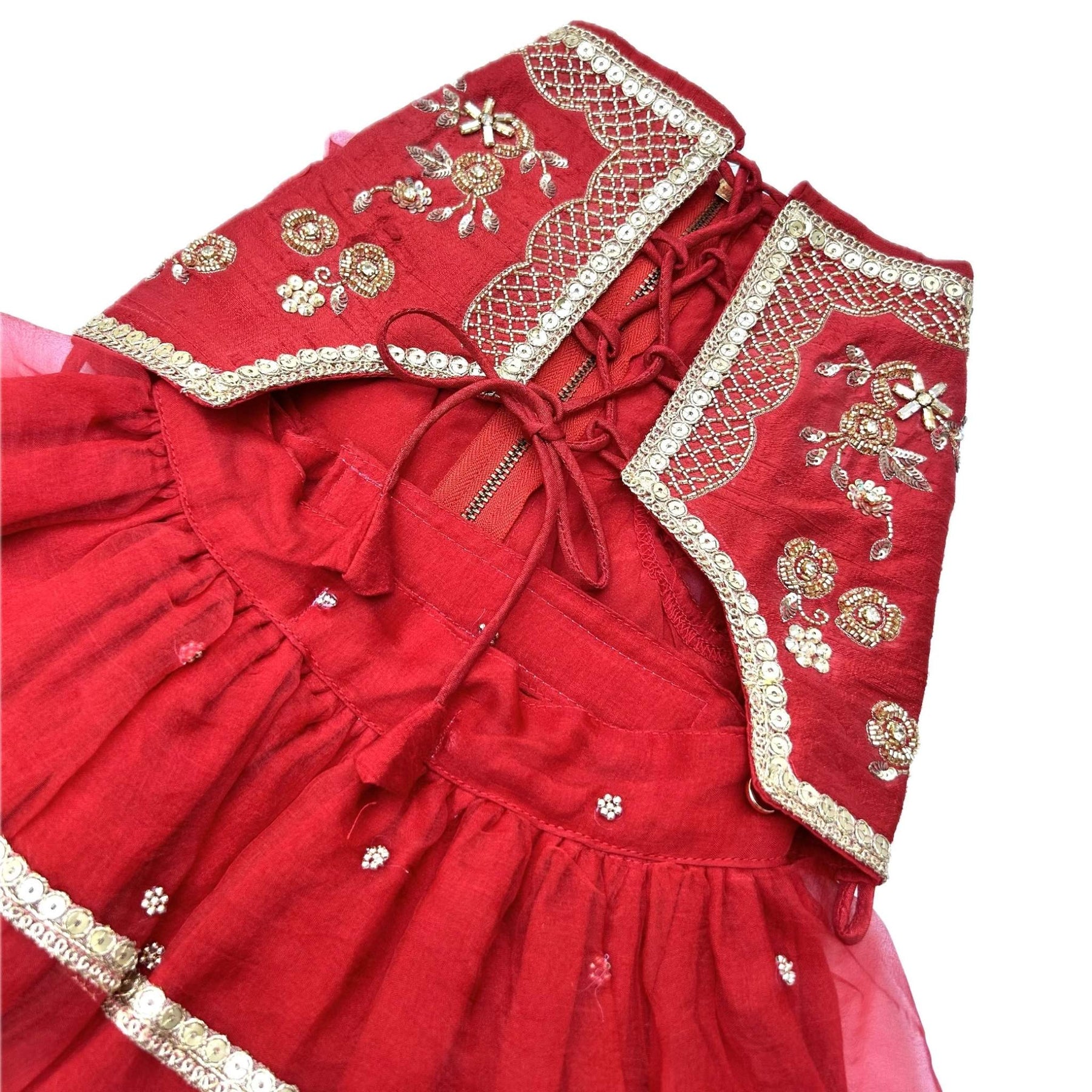 RED HAND EMBROIDERED GOLD FLOWERS DOG LEHENGA