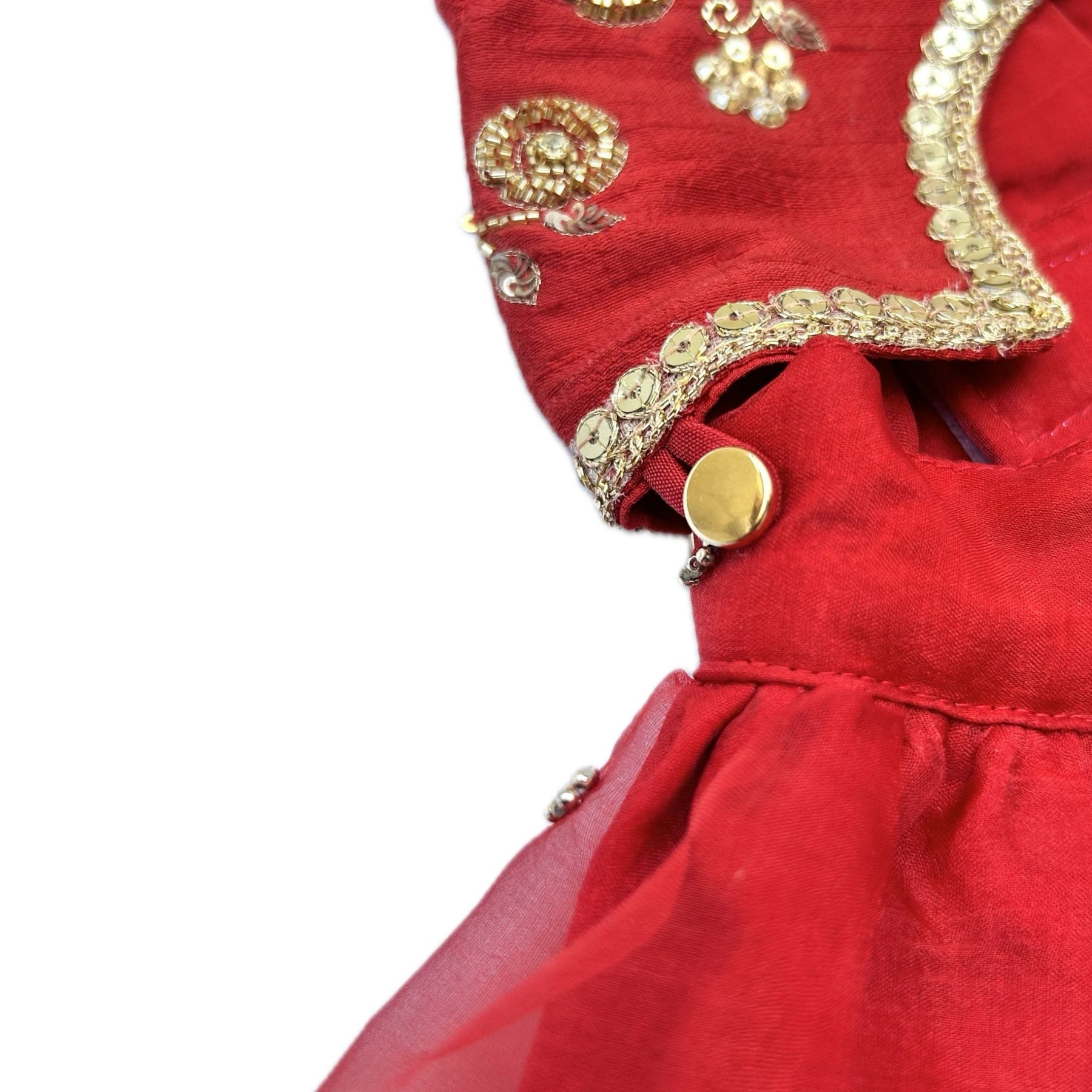 RED HAND EMBROIDERED GOLD FLOWERS DOG LEHENGA