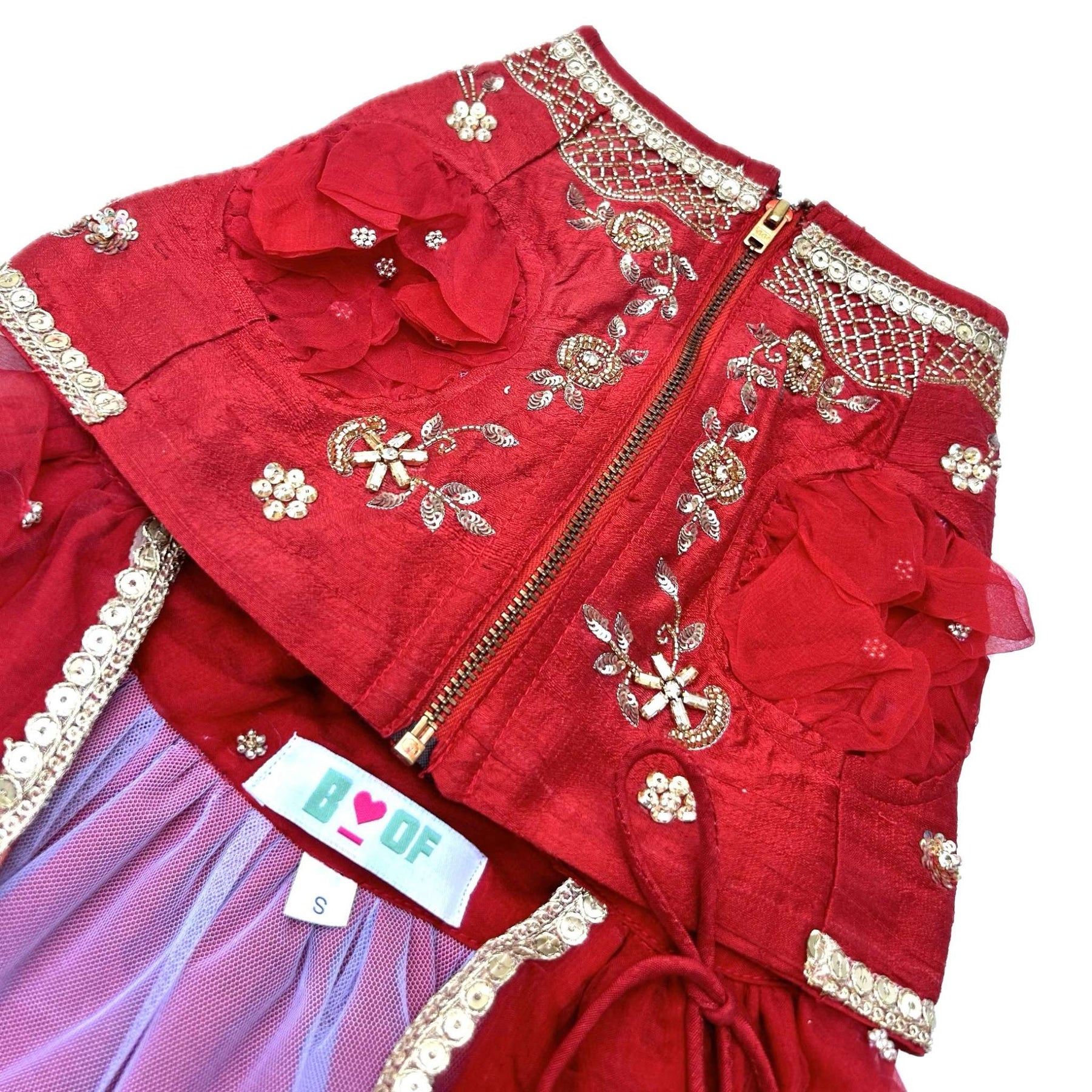 RED HAND EMBROIDERED GOLD FLOWERS DOG LEHENGA