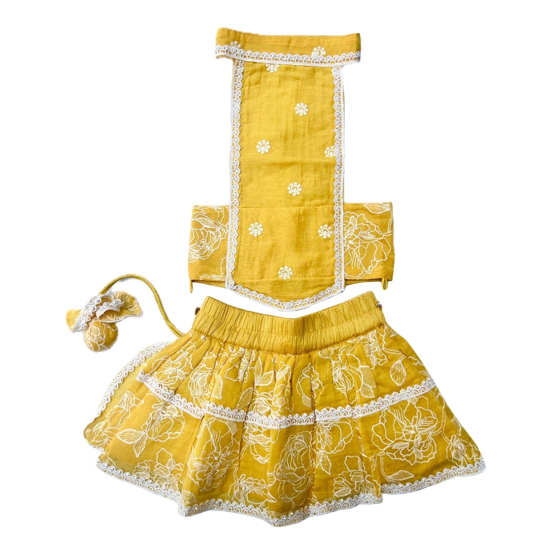 YELLOW OFF-WHITE EMBROIDERY LEHENGA + PEARL BONE RAKHI FOR DOGS AND CATS