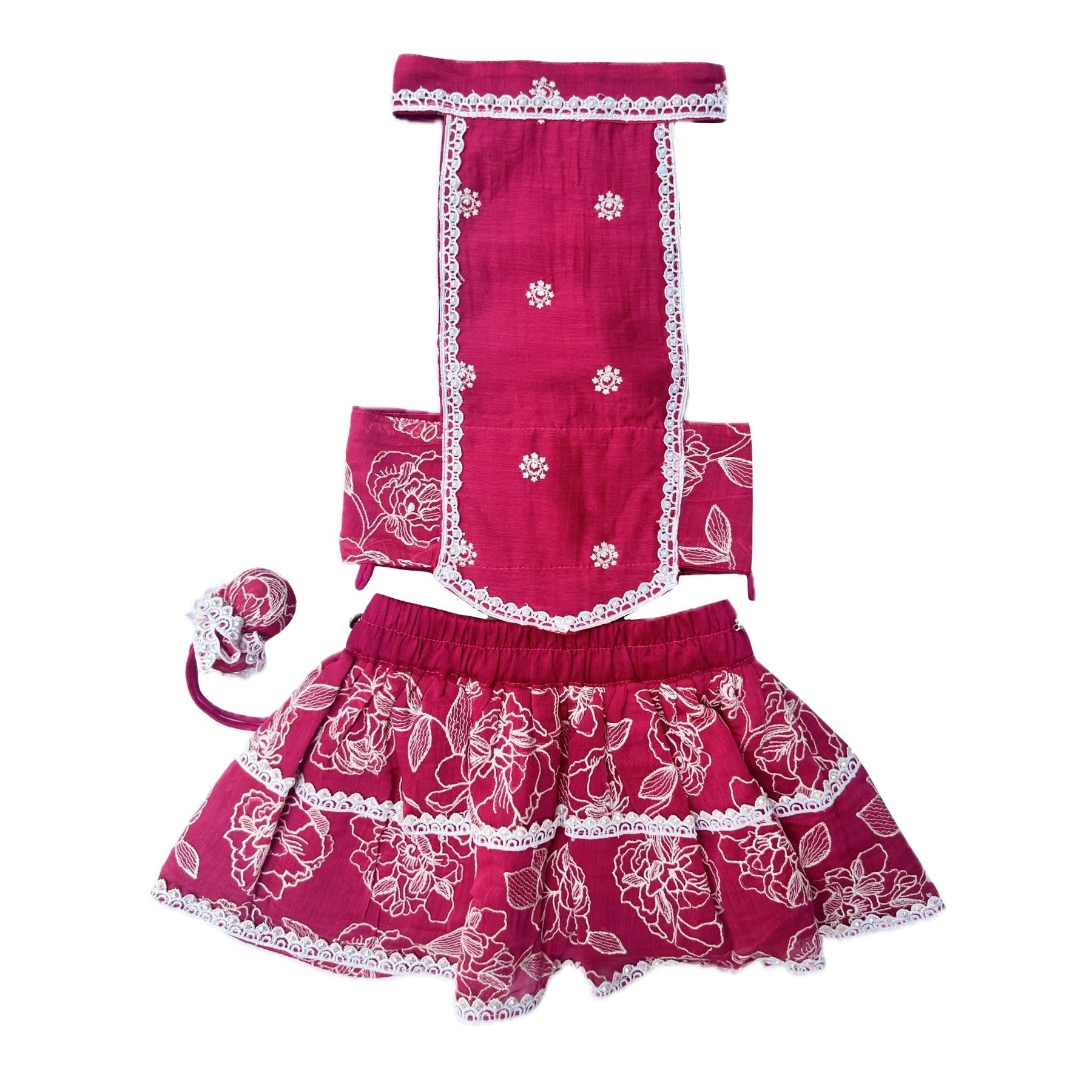 FUCHSIA PINK OFF-WHITE EMBROIDERY LEHENGA + PEARL BONE RAKHI FOR DOGS AND CATS