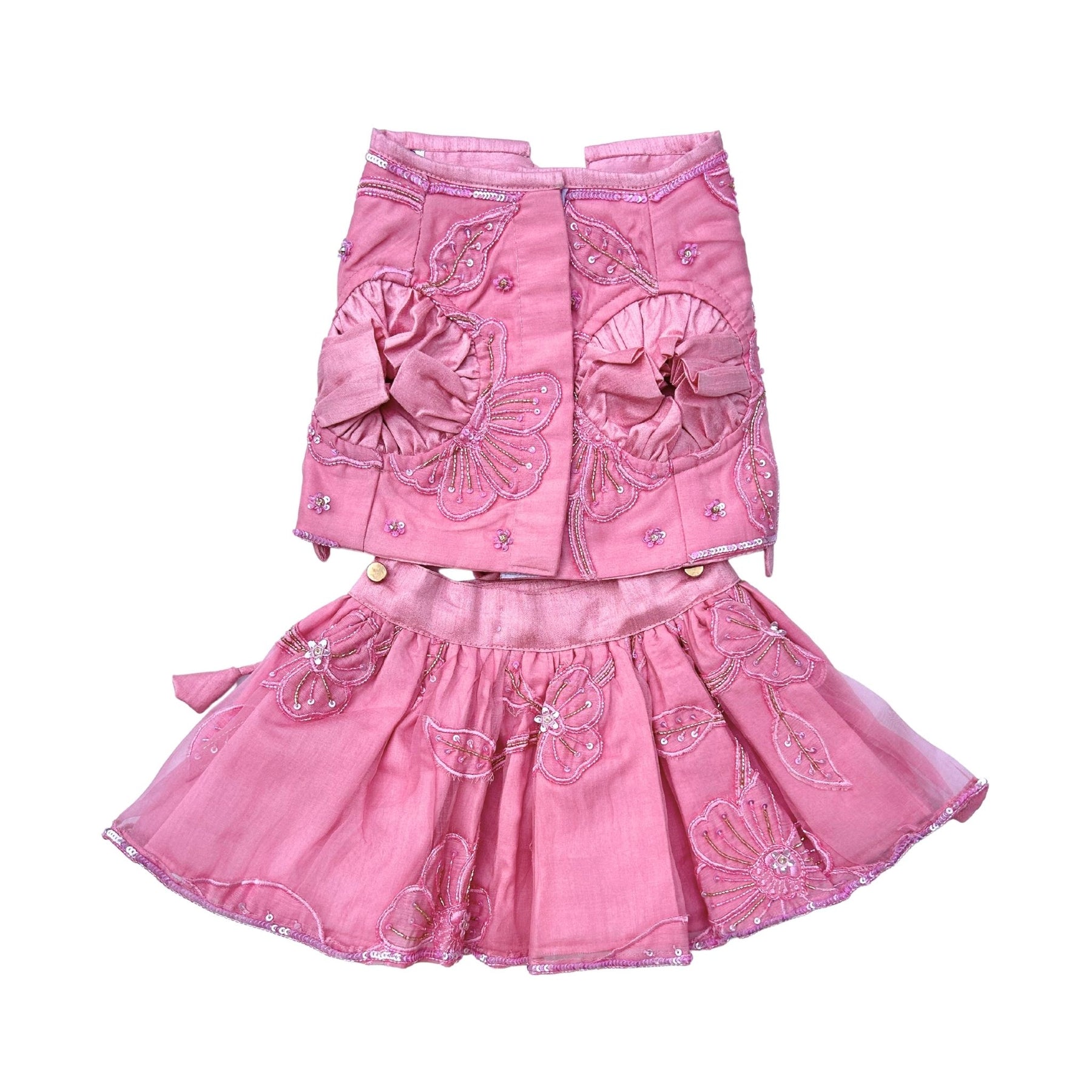 PINK BEADED FLOWER APPLIQUE HAND EMBROIDERED LEHENGA FOR DOGS AND CATS