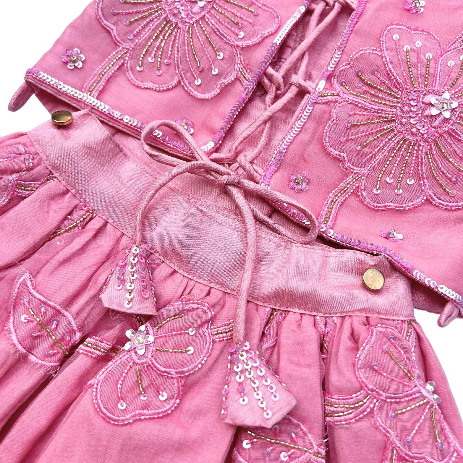PINK BEADED FLOWER APPLIQUE HAND EMBROIDERED LEHENGA FOR DOGS AND CATS