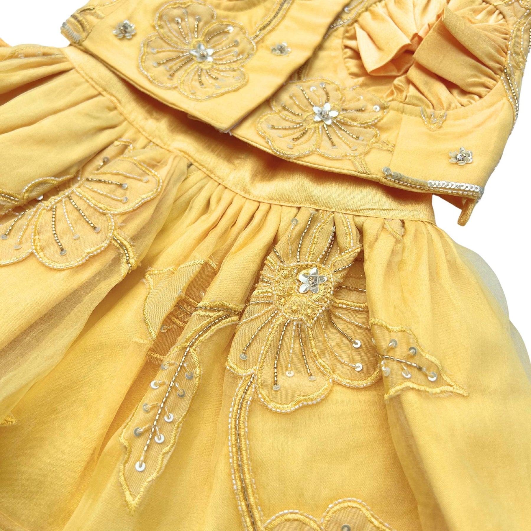 YELLOW BEADED FLOWER APPLIQUE HAND EMBROIDERED LEHENGA FOR DOGS AND CATS