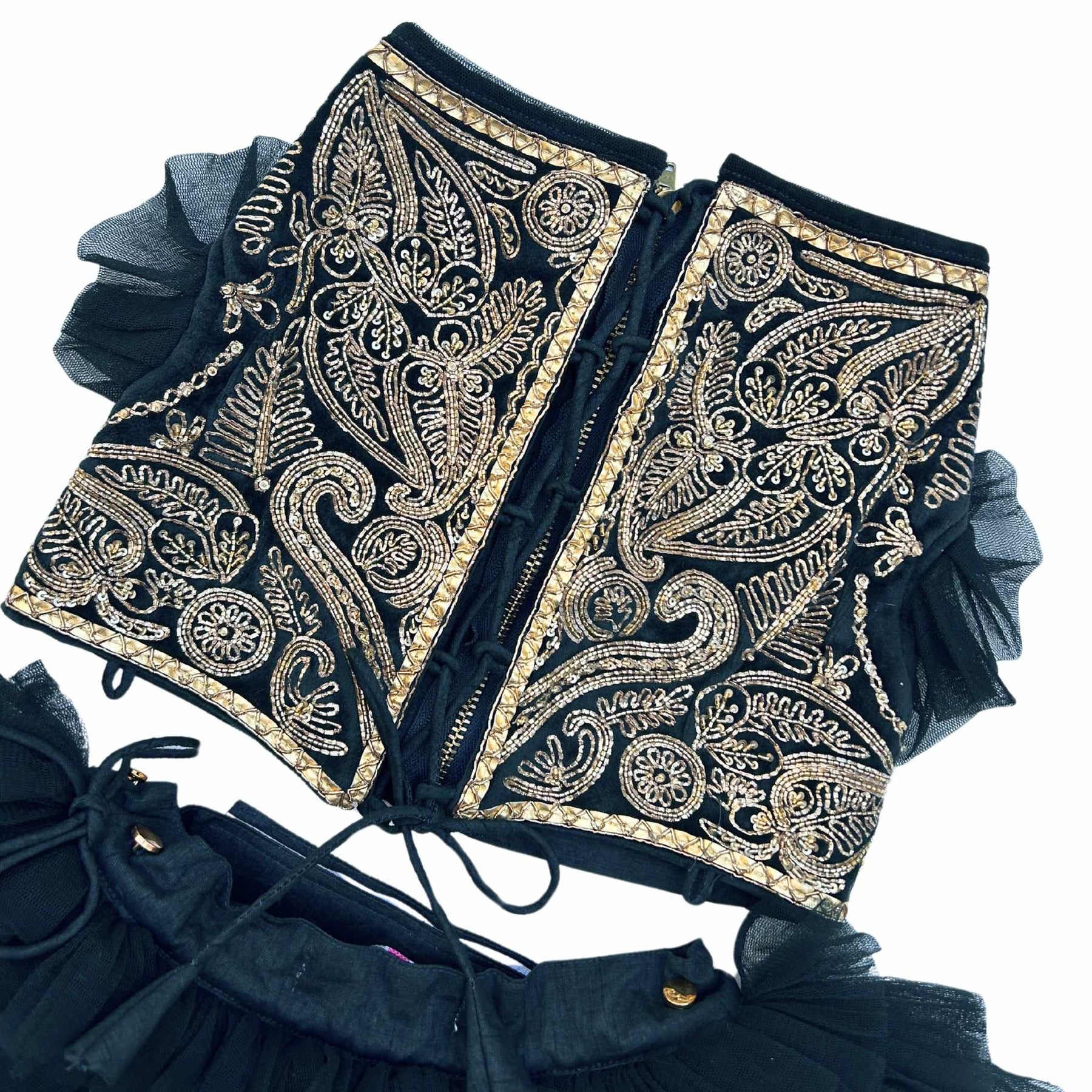 MIDNIGHT GREEN VELVET PITTA WORK DOG LEHENGA