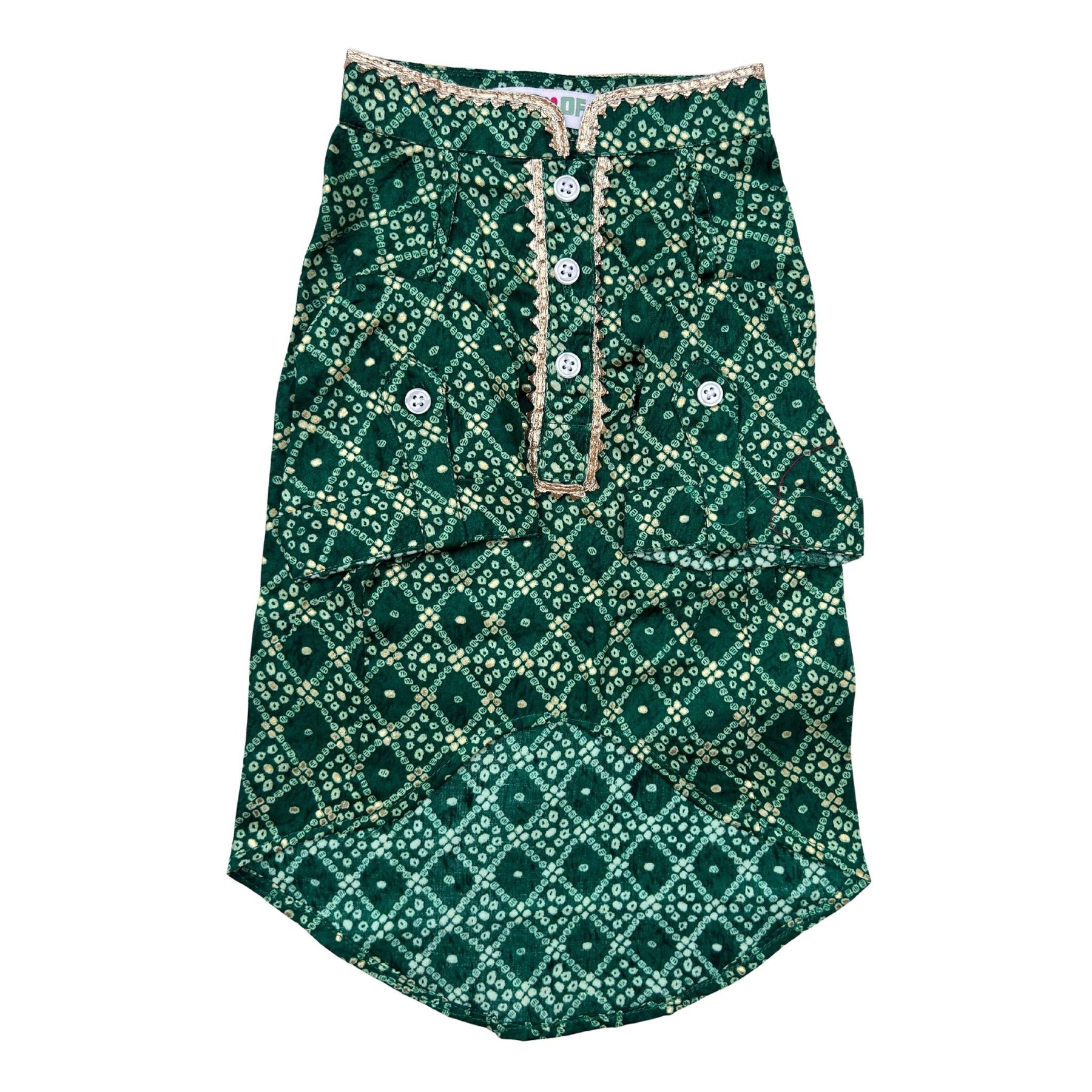GREEN BANDHANI COTTON KURTA + BONE RAKHI FOR DOGS AND CATS