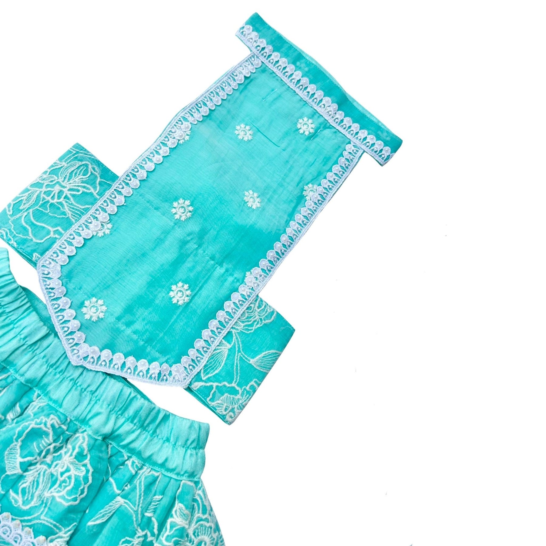 AQUA GREEN OFF-WHITE EMBROIDERY DOG LEHENGA