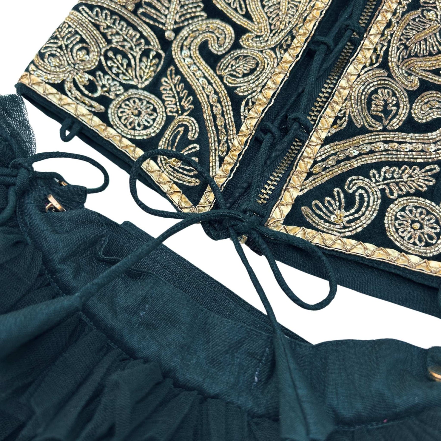 MIDNIGHT GREEN VELVET PITTA WORK DOG LEHENGA