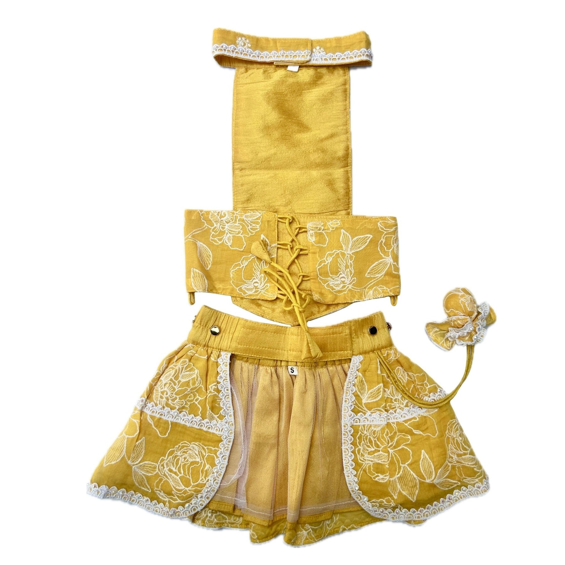 YELLOW OFF-WHITE EMBROIDERY LEHENGA + PEARL BONE RAKHI FOR DOGS AND CATS