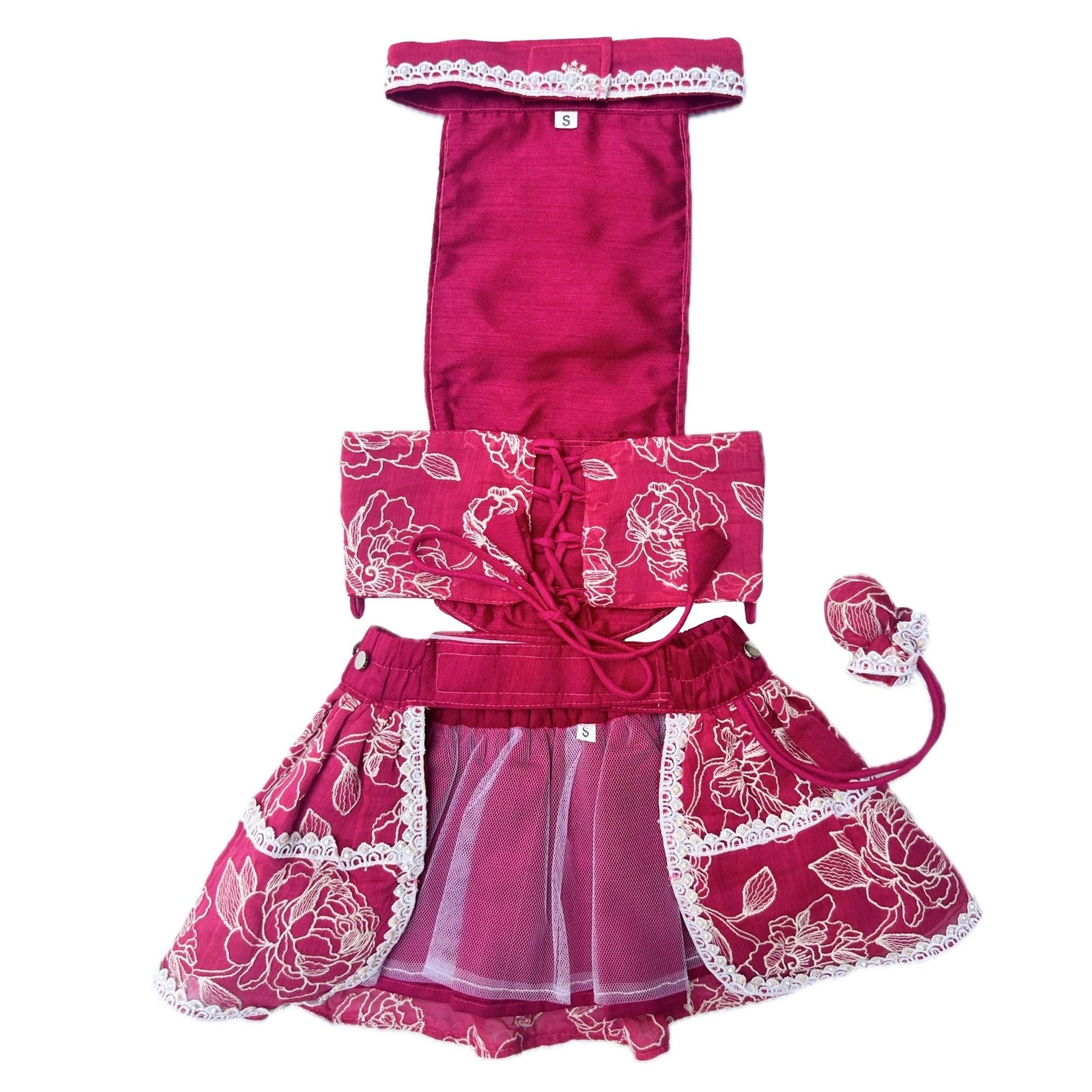 FUCHSIA PINK OFF-WHITE EMBROIDERY LEHENGA + PEARL BONE RAKHI FOR DOGS AND CATS