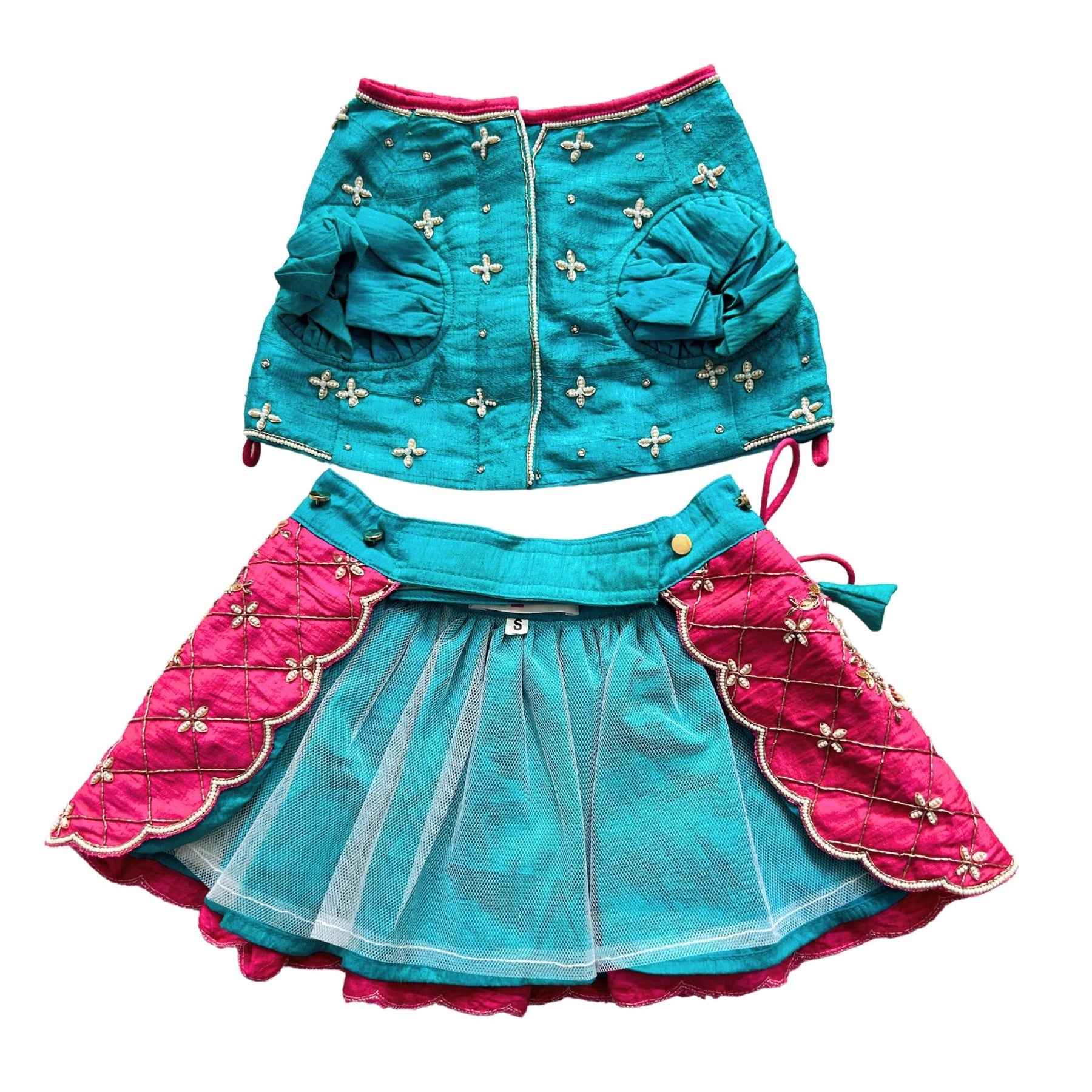 TEAL BLUE WITH RANI PINK COLOUR BLOCK DOG LEHENGA