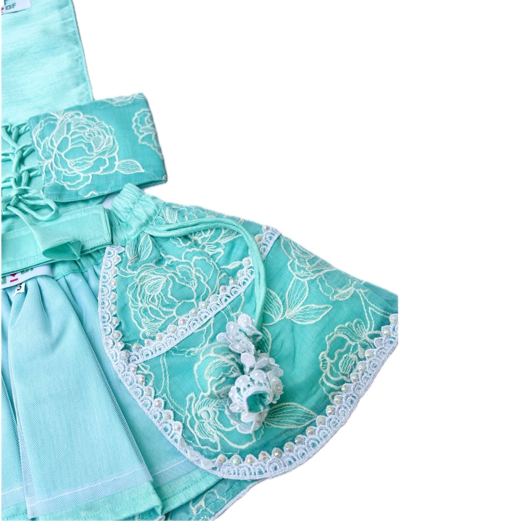 AQUA GREEN OFF-WHITE EMBROIDERY DOG LEHENGA