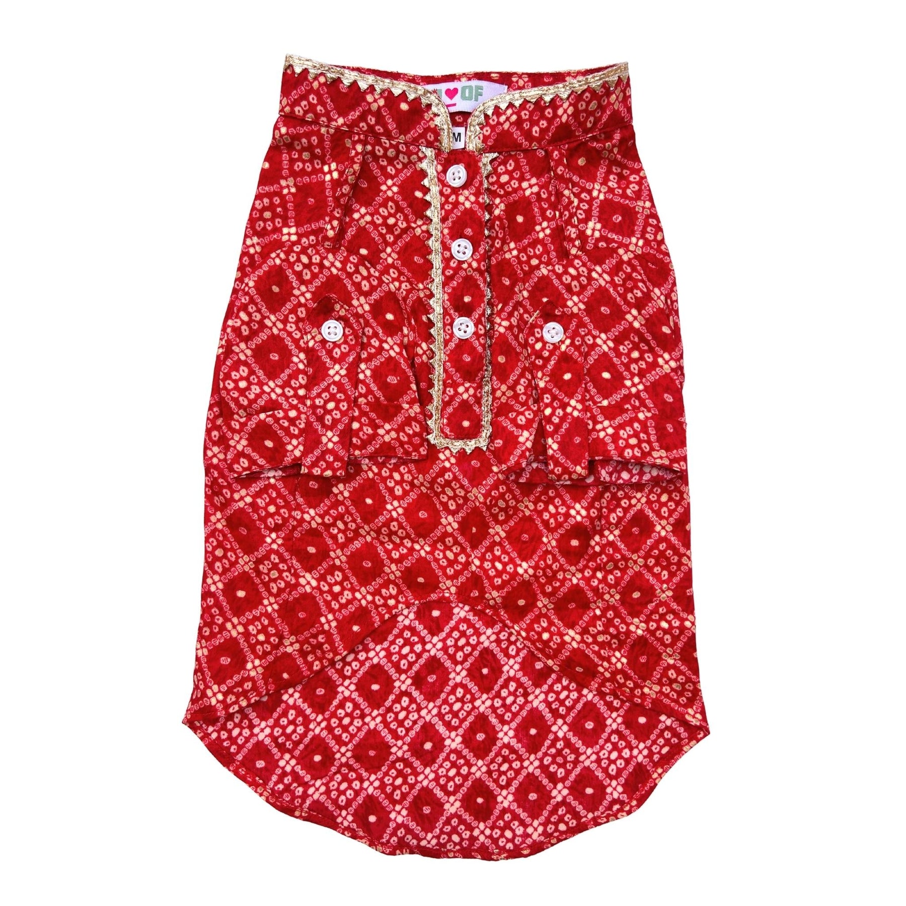 RED BANDHANI COTTON KURTA + BONE RAKHI FOR DOGS AND CATS