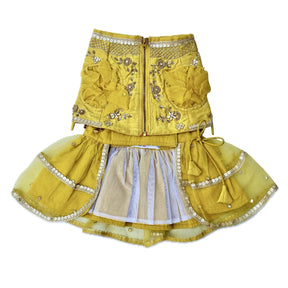 YELLOW HAND EMBROIDERED GOLD FLOWERS DOG LEHENGA