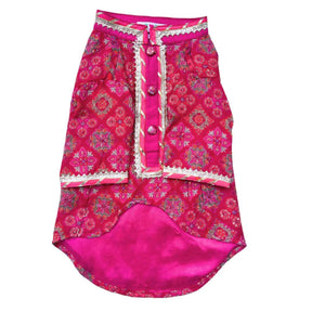 MAGENTA PINK PATIALA MOTIF DOG KURTA + WOOF PAW RAKHI FOR DOG AND CATS