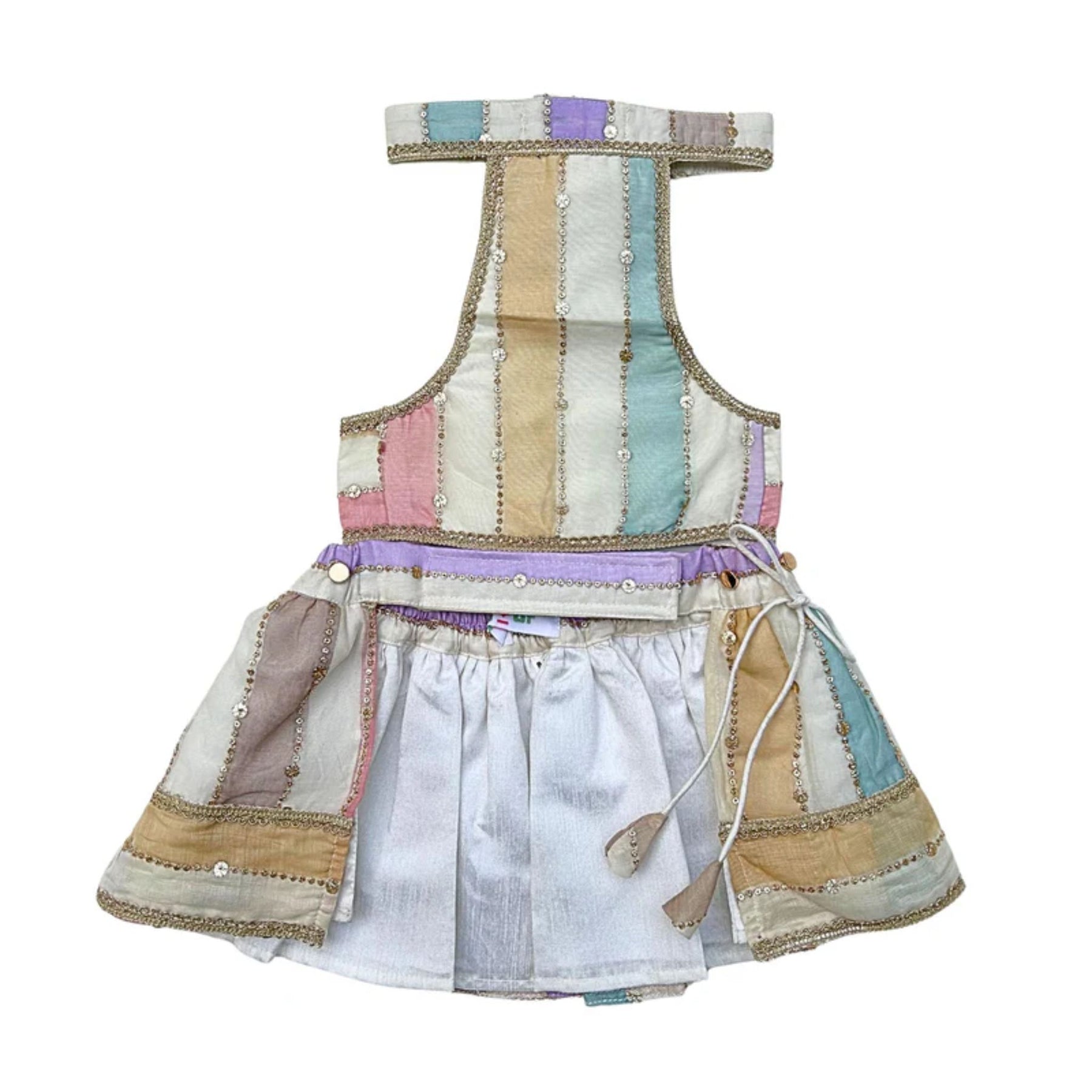 OFF WHITE MULTICOLOURED STRIPE LEHENGA + PINK WOOF PAW RAKHI FOR DOGS AND CATS