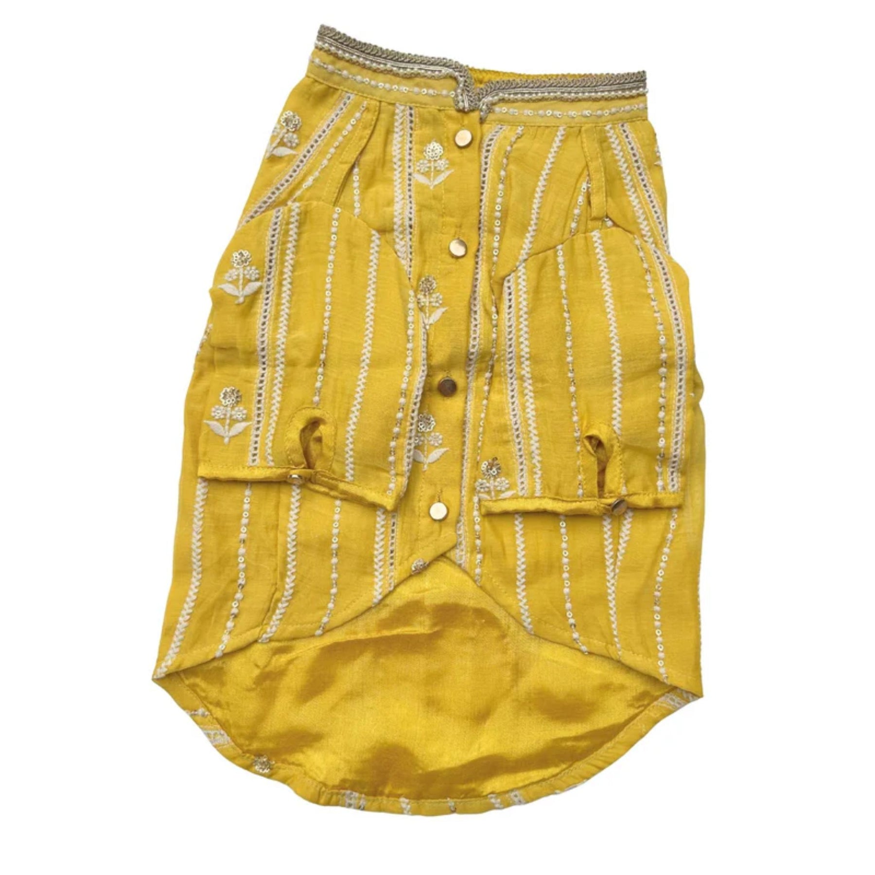 BRIGHT YELLOW CHIKANKARI GOTA PATTI KURTA + STAR WOOFRAKHI FOR DOGS AND CATS