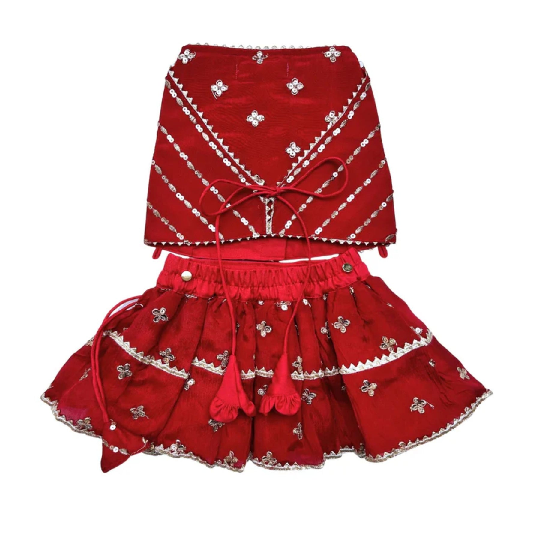 RED FESTIVE ZARI BUTI LEHENGA + LETTLE SISTER HEART RAKHI FOR DOG AND CATS