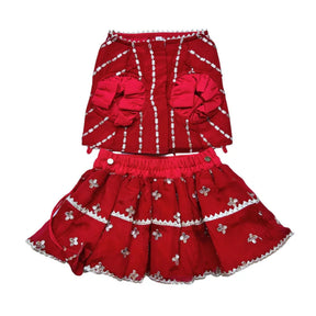 RED FESTIVE ZARI BUTI LEHENGA + LETTLE SISTER HEART RAKHI FOR DOG AND CATS