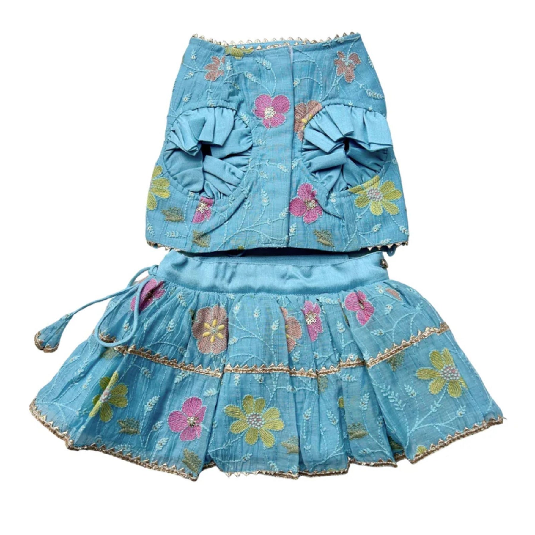 PASTEL BLUE FLORAL THREAD EMBROIDERED LEHENGA + EVIL EYE RAKHI FOR DOG AND CATS