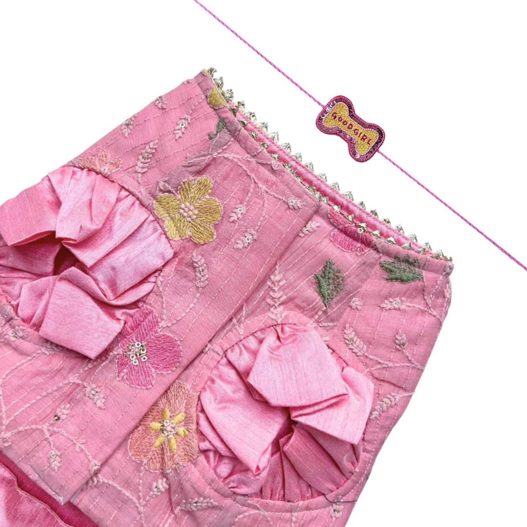PASTEL PINK FLORAL THREAD EMBROIDERED LEHENGA + GOOD GIRL PINK BONE RAKHI FOR DOG AND CATS