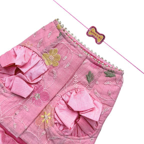 PASTEL PINK FLORAL THREAD EMBROIDERED LEHENGA + GOOD GIRL PINK BONE RAKHI FOR DOG AND CATS