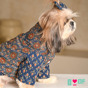 NAVY BLUE AJRAKH BUTI PRINT WAISTCOAT STYLE KURTA FOR DOGS AND CATS