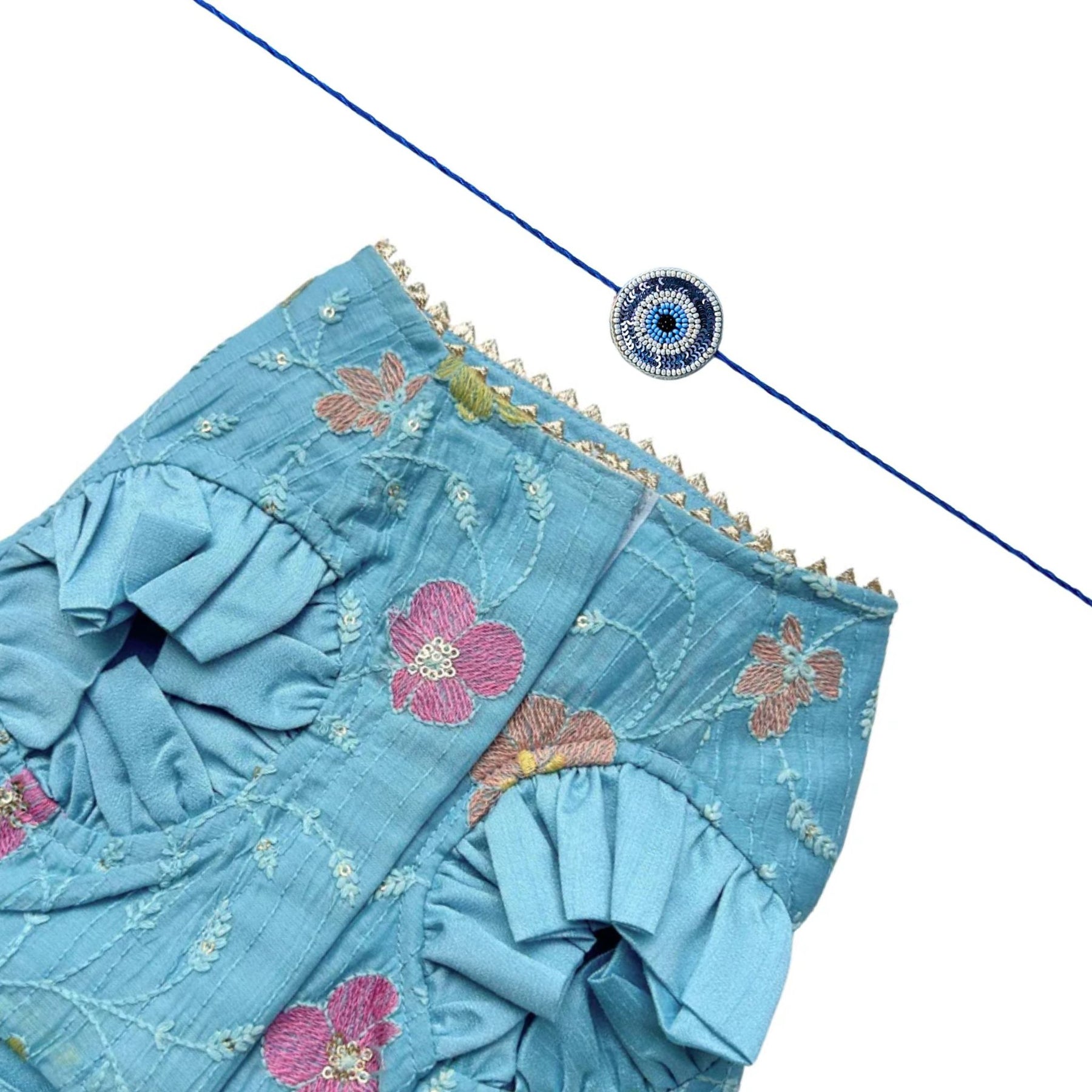 PASTEL BLUE FLORAL THREAD EMBROIDERED LEHENGA + EVIL EYE RAKHI FOR DOG AND CATS