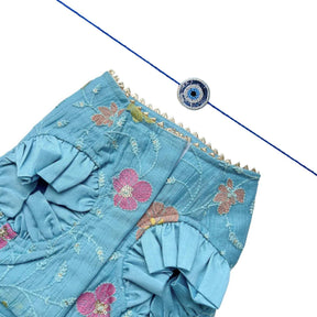 PASTEL BLUE FLORAL THREAD EMBROIDERED LEHENGA + EVIL EYE RAKHI FOR DOG AND CATS