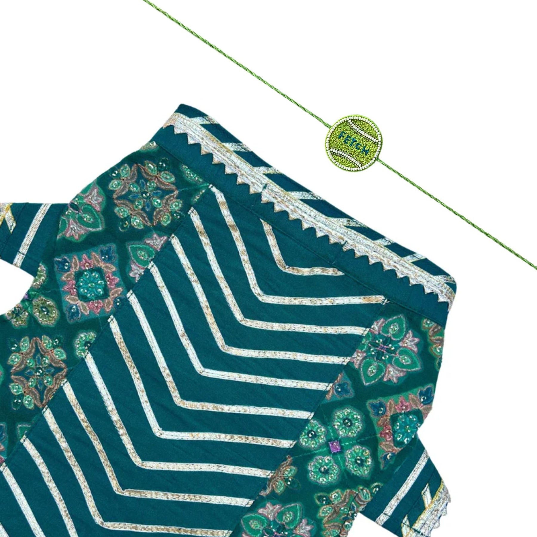BOTTLE GREEN PATIALA MOTIF DOG LEHENGA + FETCH BALL RAKHI FOR DOG AND CATS