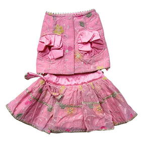 PASTEL PINK FLORAL THREAD EMBROIDERED LEHENGA + GOOD GIRL PINK BONE RAKHI FOR DOG AND CATS