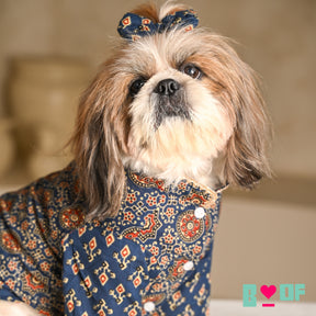 NAVY BLUE AJRAKH BUTI PRINT WAISTCOAT STYLE KURTA FOR DOGS AND CATS