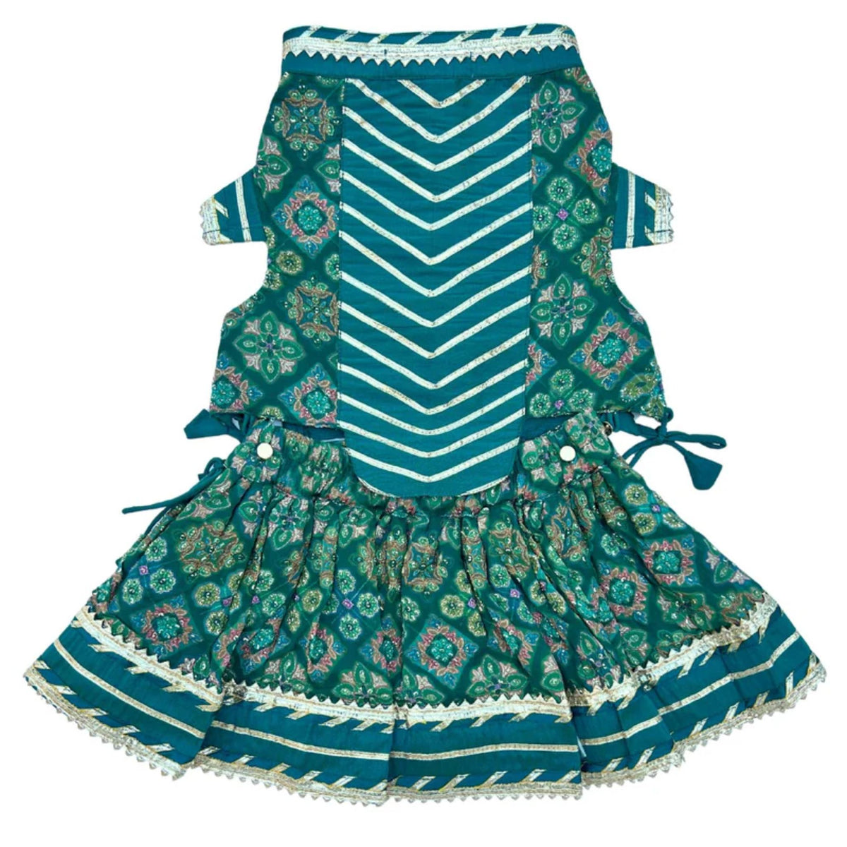 BOTTLE GREEN PATIALA MOTIF DOG LEHENGA + FETCH BALL RAKHI FOR DOG AND CATS