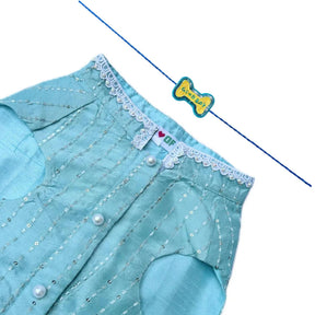 BLUE TEXTURED PEARL DOG SHERWANI + GOOD BOY BLUE BONE RAKHI FOR DOG AND CATS