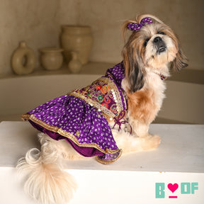 PURPLE BANDHANI PRINT HALTER NECK LEHENGA FOR DOGS AND CATS
