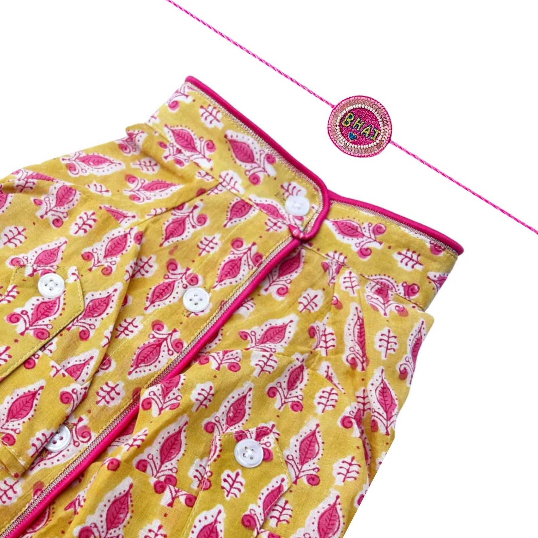 YELLOW PINK BLOCK PRINT DOG KURTA + PINK BHAI RAKHI FOR DOGS AND CATS