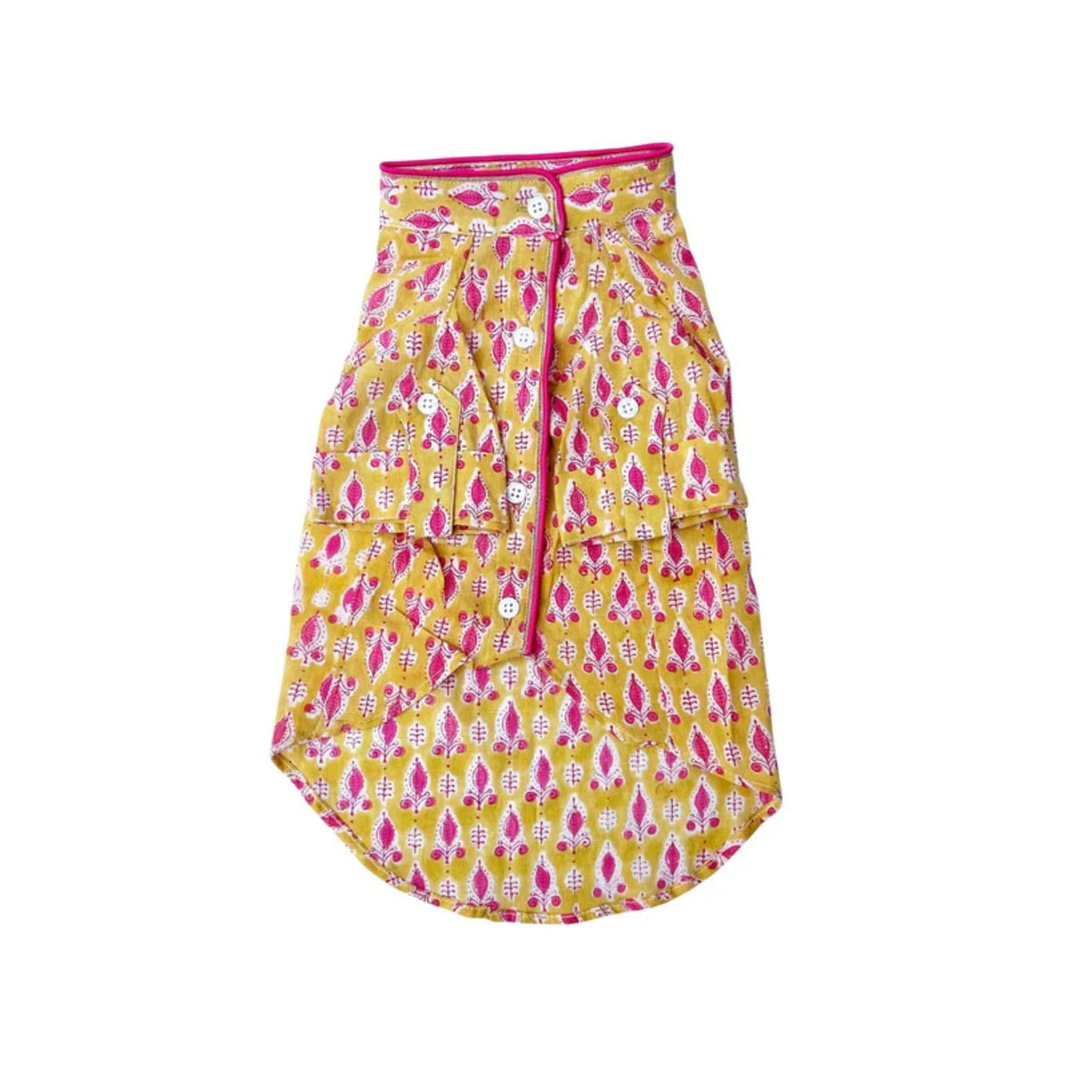 YELLOW PINK BLOCK PRINT DOG KURTA + PINK BHAI RAKHI FOR DOGS AND CATS