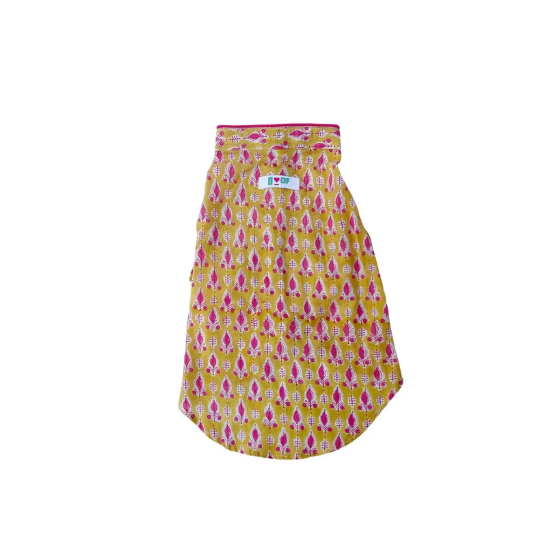 YELLOW PINK BLOCK PRINT DOG KURTA + PINK BHAI RAKHI FOR DOGS AND CATS