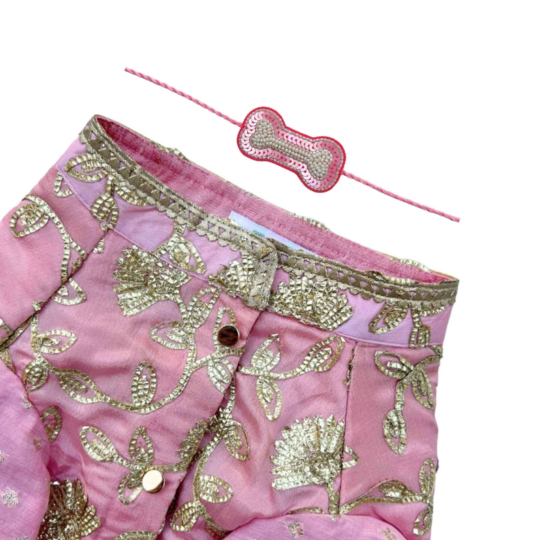PASTEL PINK GOTA EMBROIDERY WAISTCOAT STYLE DOG KURTA + LIGHT PINK PEARL RAKHI FOR DOGS AND CATS