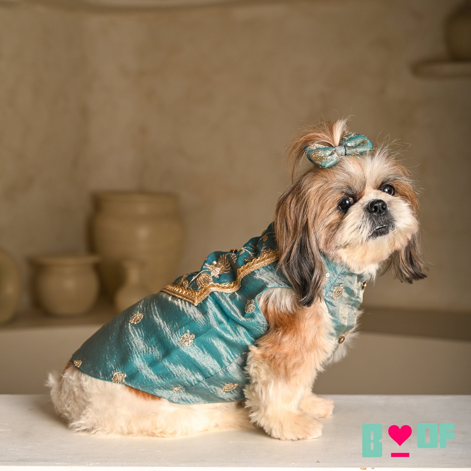 TEAL BLUE TISSUE FLORAL SEQUINS WAISTCOAT FOR DOGS AND CATS