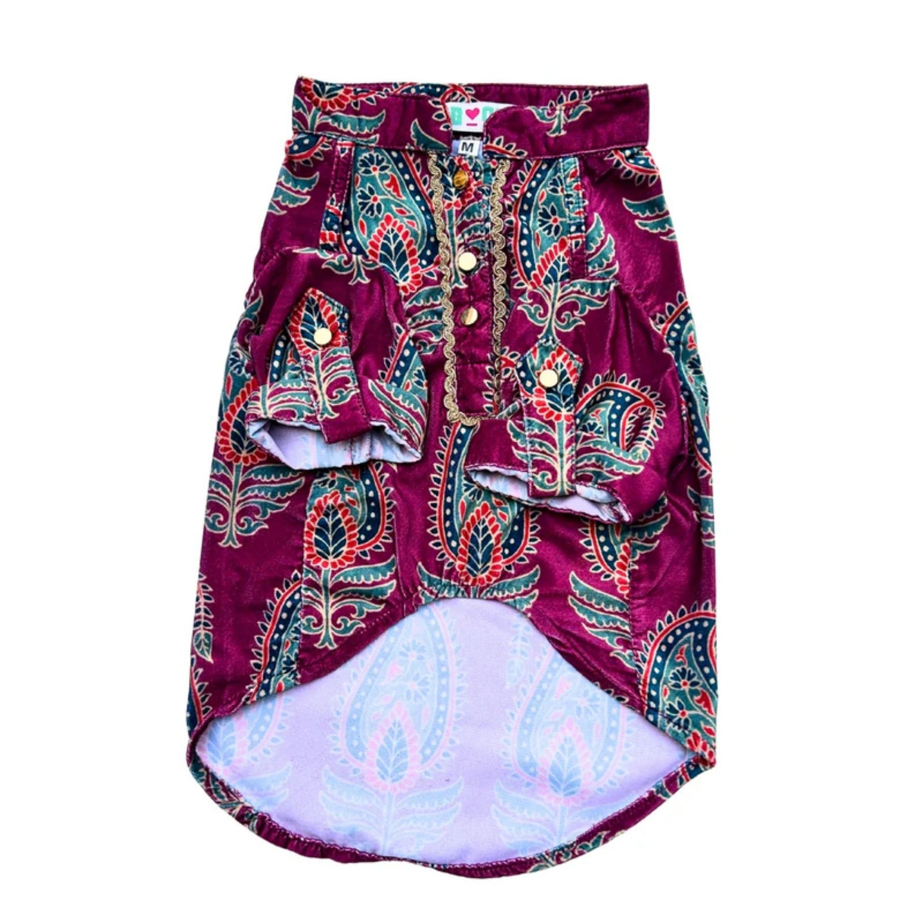 MAGENTA VELVET PAISLEY PRINTED KURTA + SILVER PINK PEARL BONE RAKHI FOR DOGS AND CATS
