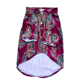 MAGENTA VELVET PAISLEY PRINTED KURTA + SILVER PINK PEARL BONE RAKHI FOR DOGS AND CATS