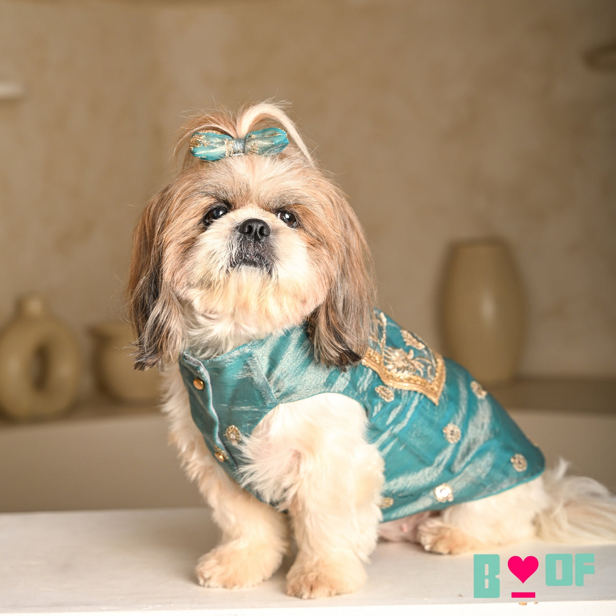 TEAL BLUE TISSUE FLORAL SEQUINS WAISTCOAT FOR DOGS AND CATS