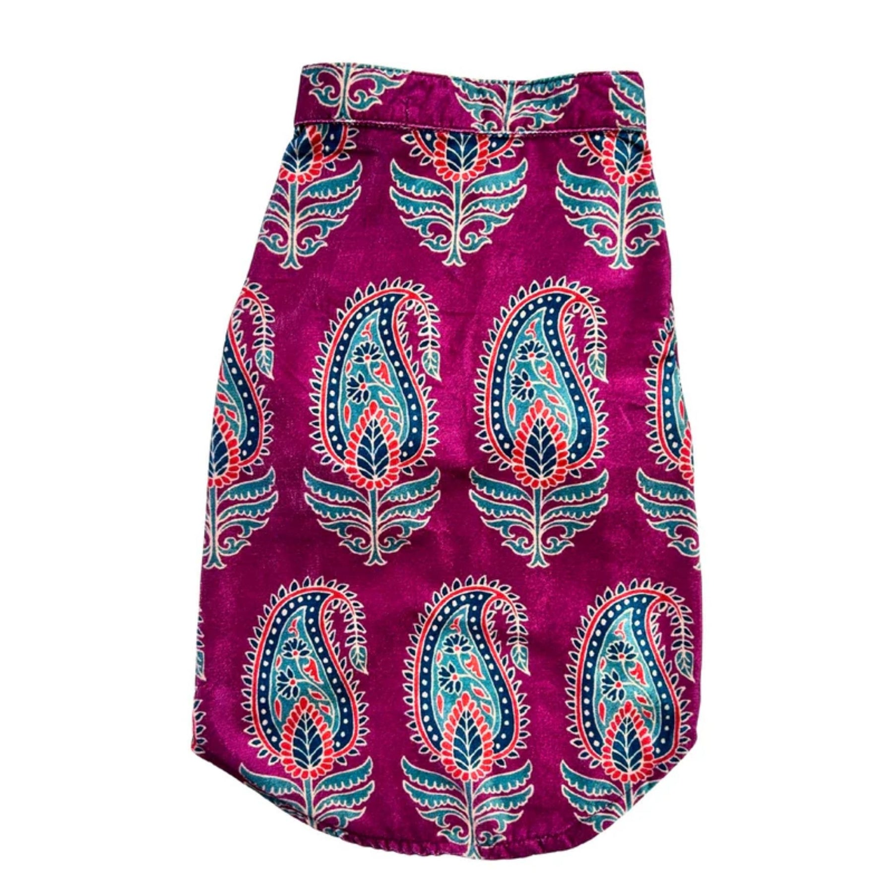 MAGENTA VELVET PAISLEY PRINTED KURTA + SILVER PINK PEARL BONE RAKHI FOR DOGS AND CATS