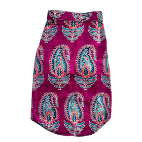 MAGENTA VELVET PAISLEY PRINTED KURTA + SILVER PINK PEARL BONE RAKHI FOR DOGS AND CATS