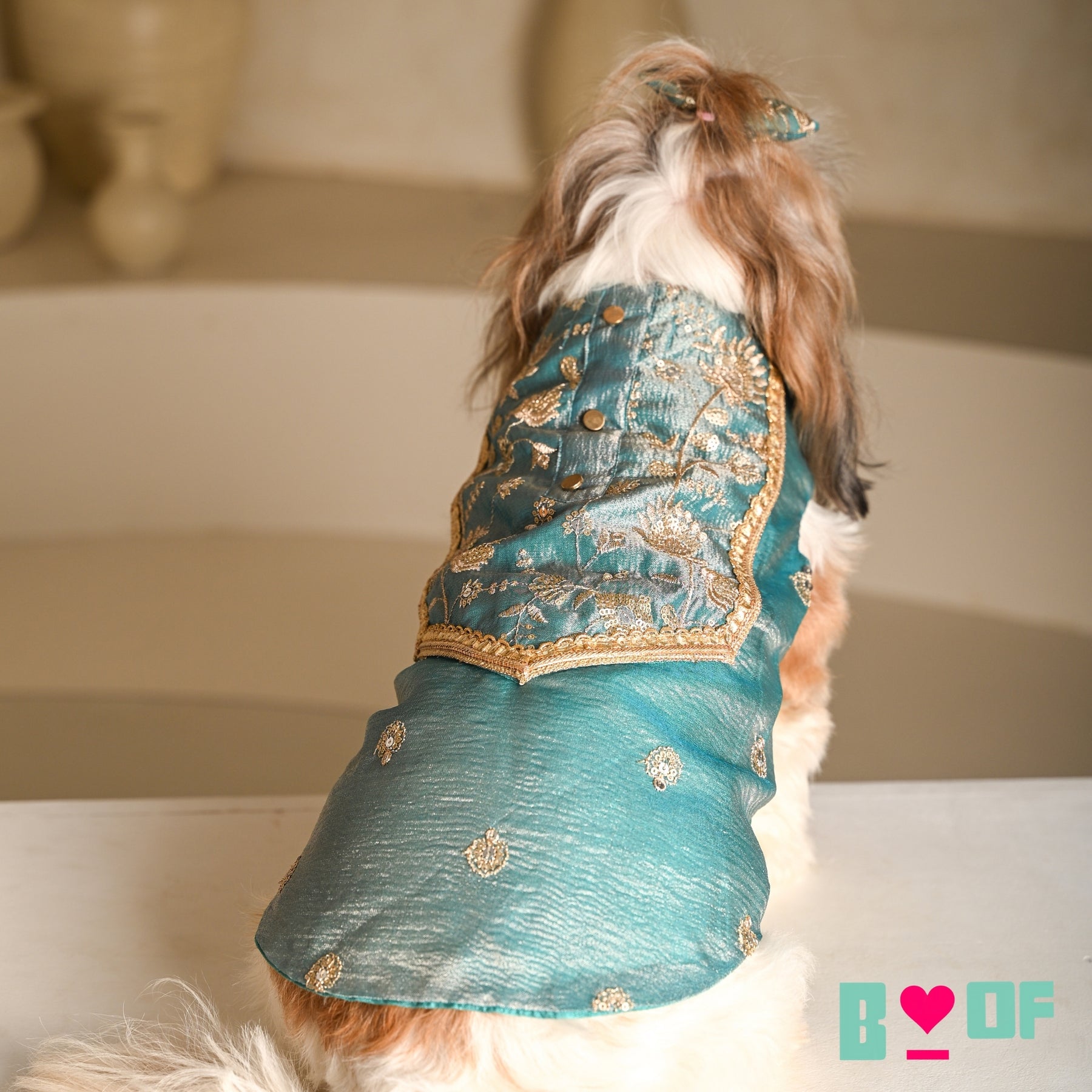 TEAL BLUE TISSUE FLORAL SEQUINS WAISTCOAT FOR DOGS AND CATS